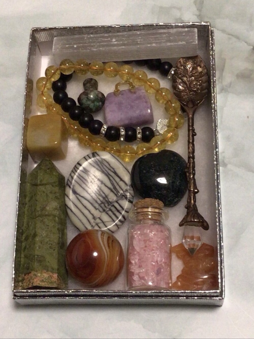 Crystal and Gemstone Curio Box with Yellow Beaded Bracelet